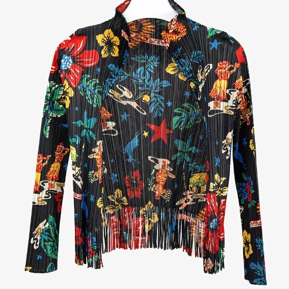 Pleats Please Issey Miyake Hawaii Motif Black Fringe-Hem Cardigan, Size XL - Picture 1 of 9